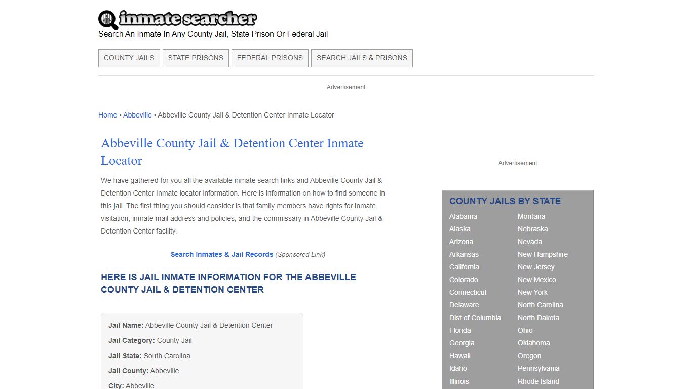 Abbeville County Jail & Detention Center Inmate Locator - Inmate Searcher